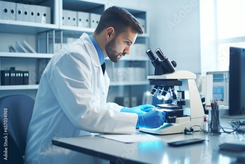 Scientist with a microscope in a modern laboratory. AI generative
