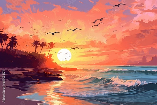 Sunset beach vacation with seagulls, ocean, paradise island, adventure, nautical romance. Graphic art. Generative AI © Kamila