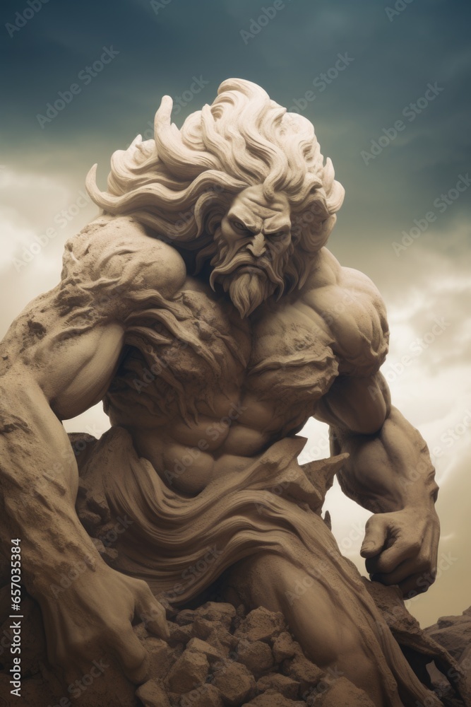 Imaginary hulking giant sandstone Greek god titan stirring up a sand storm of rage and anger, desert realm protector and elemental guardian, unreal sculpted muscles and wields incredible strong power  - obrazy, fototapety, plakaty 