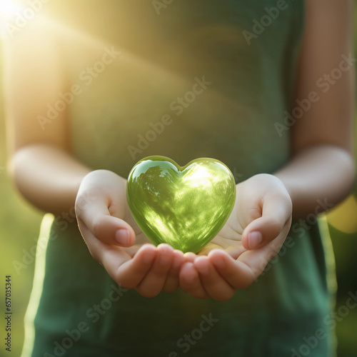 Woman hands holding green heart, Happiness moment, Health care, donate, green day, World heart day, world health day, Hope, Gratitude, Kindness and Save world's day concept, Generative AI.