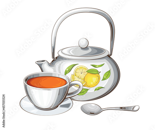 Teapot  with Cup Of tea, Vintage Teapot Illustration isolated on white. Realistic Illustration. Perfect for Tea Shop, Cafe Banner
