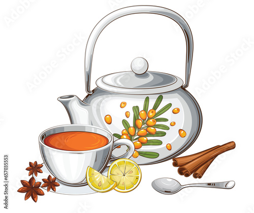 Teapot  with Cup Of tea, Vintage Teapot Illustration isolated on white. Realistic Illustration. Perfect for Tea Shop, Cafe Banner