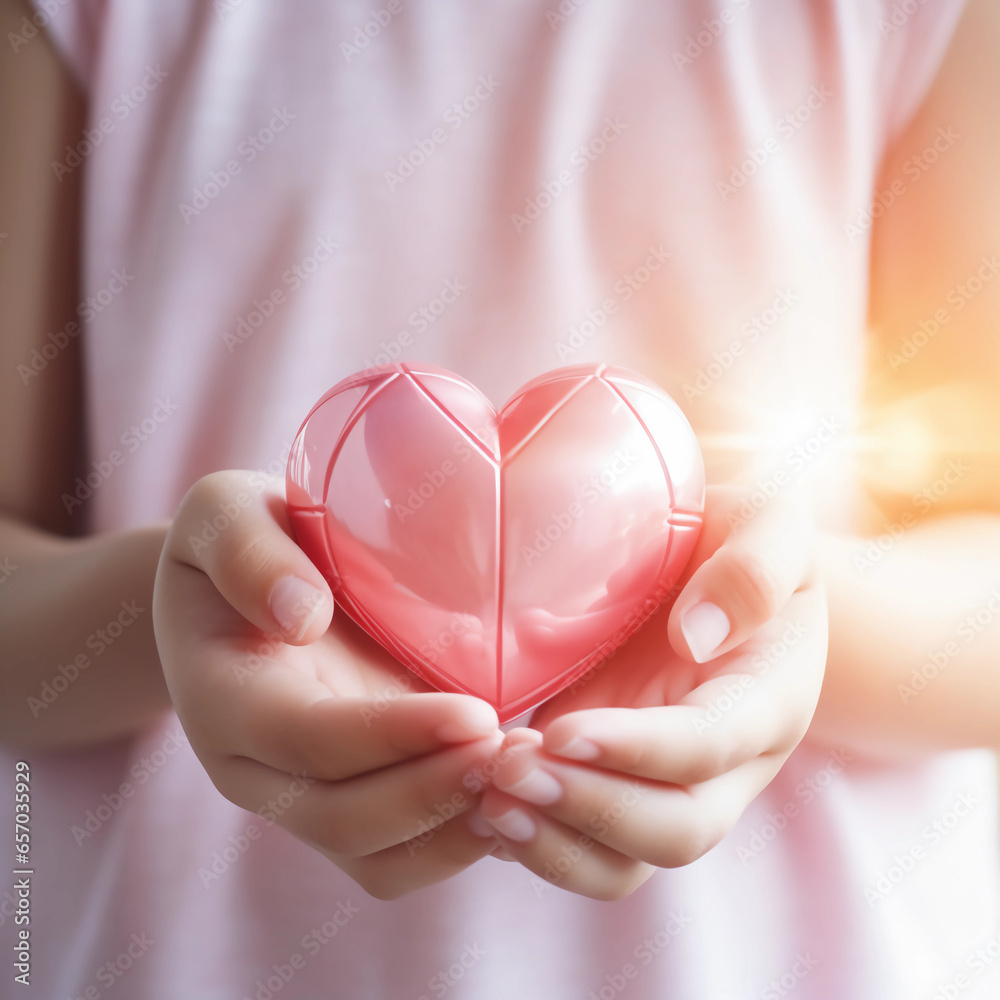 Obraz premium Girl hands holding pink heart, Happiness moment, Health care, donate and family insurance concept, World heart day, world health day, Hope, Gratitude, Kindness, Valentine's Day. Generative AI.