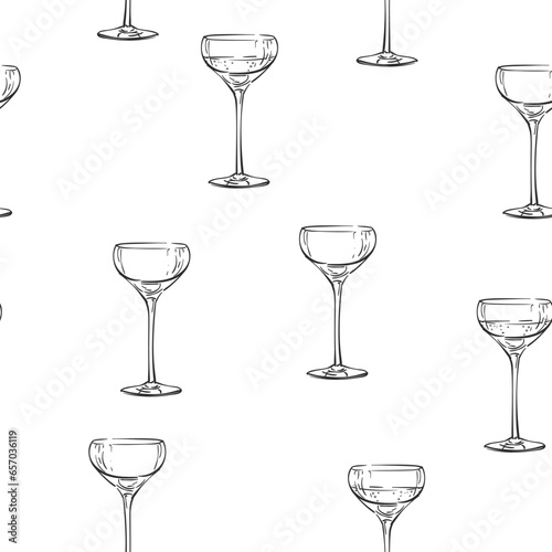 Seamless pattern empty and full coupe champagne glass vector drawing isolated. Hand drawn illustration black line on white, Alcohol beverage glassware doodle repeating background
