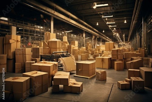 A warehouse filled with packages and tape for parcel delivery. Generative AI