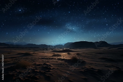 Night sky full of falling stars above deserted sandy hills. Generative AI