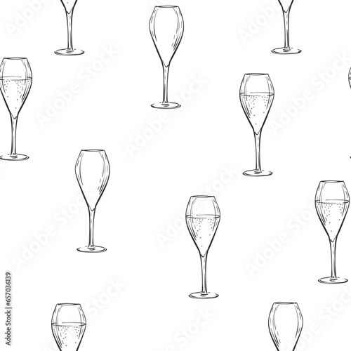 Seamless pattern empty and full tulip champagne glass vector drawing isolated. Hand drawn illustration black line on white, Alcohol beverage glassware doodle repeating background