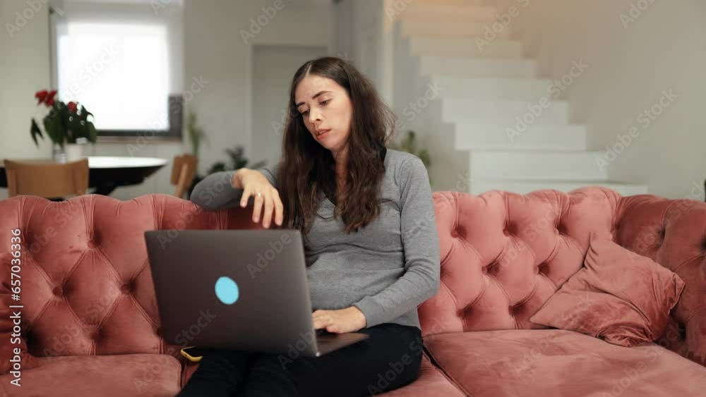 Overtired woman experiencing headache and vision problems after working at the computer. Businesswoman suffering from fatigue, rubbing wax from headache at home on sofa Overtired woman experiencing headache and vision problems after working at the computer. Businesswoman suffering from fatigue, rubbing wax from headache at home on sofa