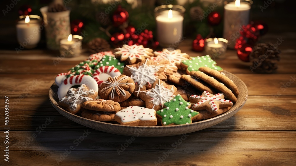 A festive holiday platter filled with an assortment of beautifully decorated Christmas gingerbread cookies. The platter on a rustic wooden table adorned with Christmas decorations for a warm