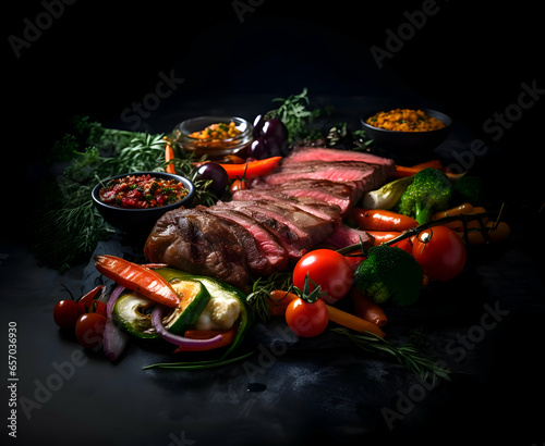 Sliced well-done meat with grilled vegetables on a dark background. High quality