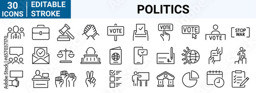 Set of 30 Politics and diplomacy. Voting Related Vector Line Icons. Raising Hands, Electronic voting and more. Editable Stroke
