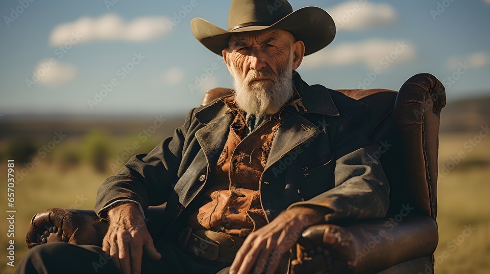 Cowboy Old Man sitting on a chair	