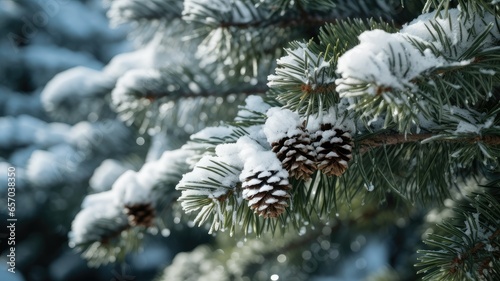 snow-covered pine branches, showcasing the intricate details of frost and snow crystals. The natural beauty of winter is highlighted in this image.