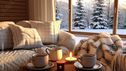 Two mugs, filled with steaming beverages, sit on a wooden table beside a fireplace in a country house. A soft woolen blanket drapes over a comfortable armchair, inviting relaxation and comfort.