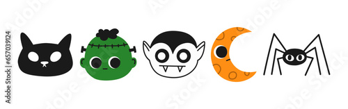 Hand drawn cute cartoon illustration zombie, spider, vampire, moon, cat head. Flat vector Halloween and Thanksgiving sticker collection. Characters set in doodle style. Autumn scary mascot. Isolated.