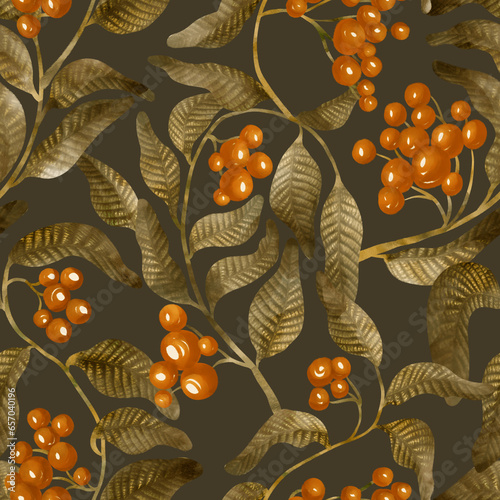 Fototapeta Naklejka Na Ścianę i Meble -  Berries and leaves. Seamless floral pattern with lilies. Watercolor drawing. Autumn print. Blooming floral pattern. Ornament for clothing, accessories, textiles and interior