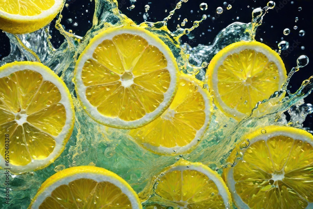 lemons and its slices falling into water and splashing. Generative AI lemons and its slices falling into water and splashing. Generative AI