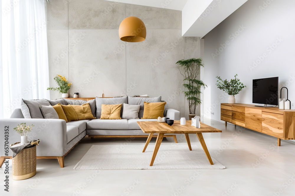Grey sofa with yellow pillows in room with tv unit. Minimalist loft