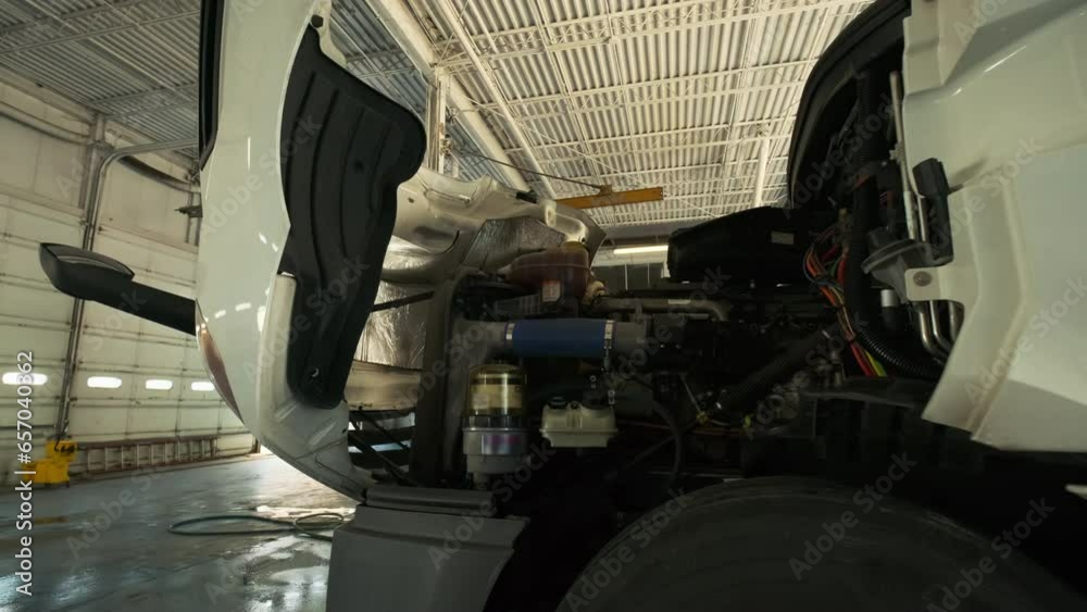 Truck in the workshop garage for repairs. Move camera footage Truck in the workshop garage for repairs. Move camera footage