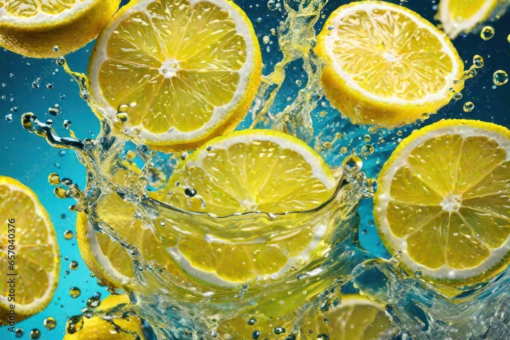 lemons and its slices falling into water and splashing. Generative AI lemons and its slices falling into water and splashing. Generative AI