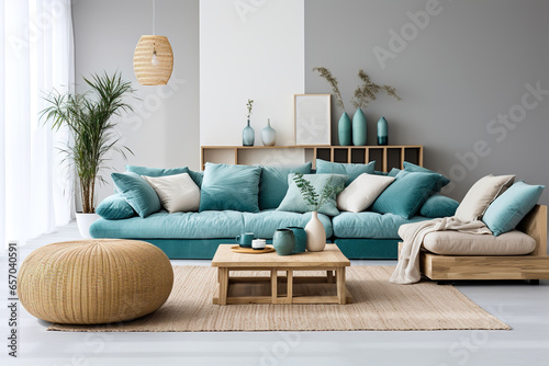 Blue sofa and beige recliner chair against grey wall with copy space. Scandinavian, minimalist home interior design of modern living room.