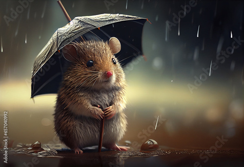 Small mouse holding umbrella in the rain photo