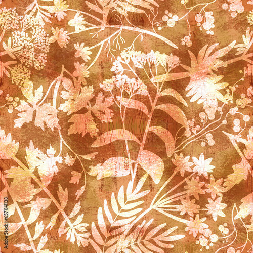 Fototapeta Naklejka Na Ścianę i Meble -  Imprints meadow flowers and herbs. Hand painted seamless pattern. Digital drawing and watercolor texture. background for textile decor and design. Botanical wallpaper. Mixed media.