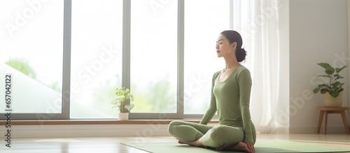 young woman wearing sportswear doing Yoga exercises in front of the window, high lunge Yoga pose.