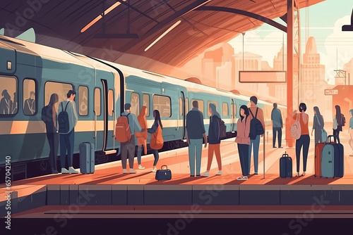 People waiting for train at train station. Male and female characters meeting with friends, waiting on the platform