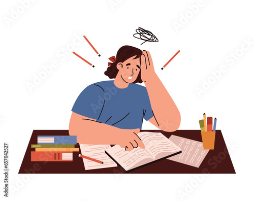Stressed schoolgirl has difficulties in studies, vector illustration isolated.