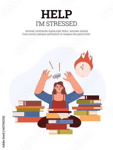 Help students overcome stress before exams banner, flat vector illustration.