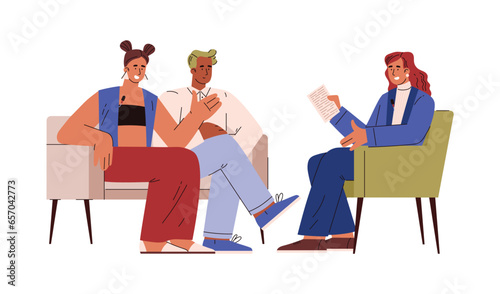 Journalists or reporters conduct interview, flat vector illustration isolated.
