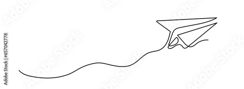 Flying Paper Airplane shape drawing by continuous line, thin line design vector illustration