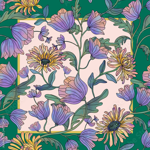 Fototapeta Naklejka Na Ścianę i Meble -  Silk scarf design. Colorful abstract pattern on ornament flower. t's perfect for wallpaper, fabric design, textile design, cover, wrapping paper. Seamless floral pattern with colorful flowers, leaves