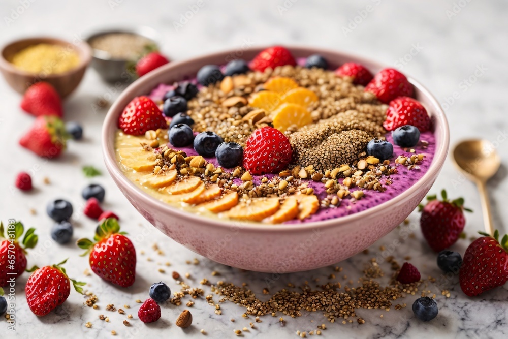 Healthful vegan breakfast smoothie bowl with nutrient rich ingredients like acai chia seeds fruits berries specifically strawberries and bee pollen presented on a colorful background. Generative AI. Healthful vegan breakfast smoothie bowl with nutrient rich ingredients like acai chia seeds fruits berries specifically strawberries and bee pollen presented on a colorful background. Generative AI.