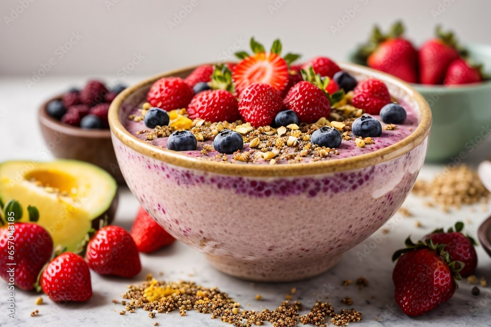 Healthful vegan breakfast smoothie bowl with nutrient rich ingredients like acai chia seeds fruits berries specifically strawberries and bee pollen presented on a colorful background. Generative AI. Healthful vegan breakfast smoothie bowl with nutrient rich ingredients like acai chia seeds fruits berries specifically strawberries and bee pollen presented on a colorful background. Generative AI.