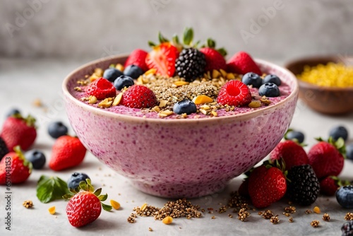 Healthful vegan breakfast smoothie bowl with nutrient rich ingredients like acai chia seeds fruits berries specifically strawberries and bee pollen presented on a colorful background. Generative AI.