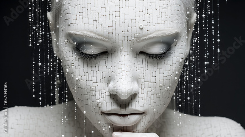 The image depicts a person's hand reading braille on a white surface, with a blurred background.
