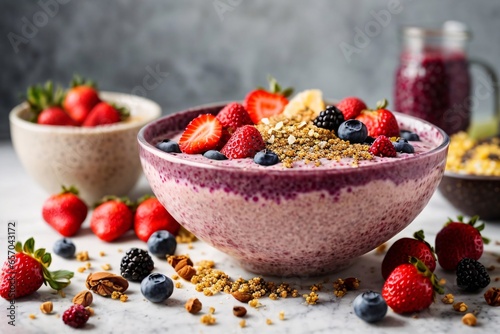 Healthful vegan breakfast smoothie bowl with nutrient rich ingredients like acai chia seeds fruits berries specifically strawberries and bee pollen presented on a colorful background. Generative AI.