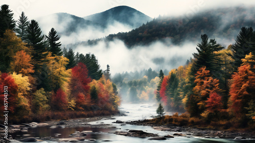 A cloudy day with autumn trees in the background, mist, autumn colored landscape