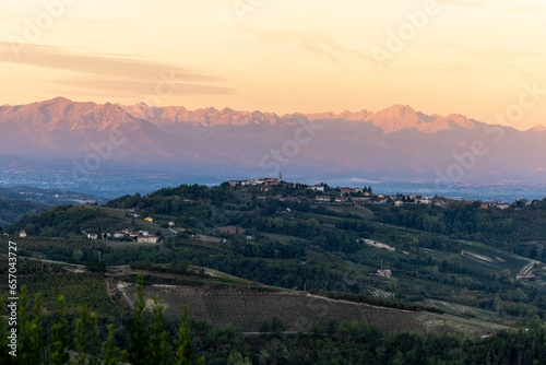 View of the Alps at sunrise from Piedmont. Italy