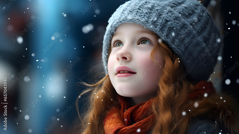 happy young girl with curly hair wearing a scarf while smiling on snow background., and enjoying the snow .use for winter, diversity, cultural representation, or cheerful outdoor activities.