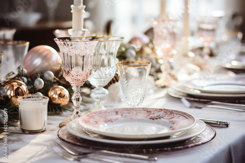 Beautifully decorated table for Christmas dinner with dishes, pink decorations.