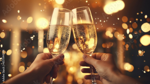 Man and woman hands with champagne glasses, Celebration concept, generative ai