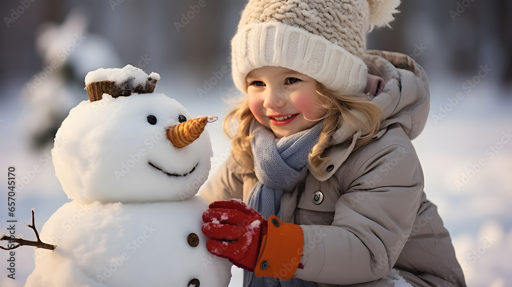 happy child playing with snowman. funny girl on a walk in the winter outdoors happy child playing with snowman. funny girl on a walk in the winter outdoors
