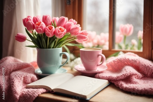 Wallpaper Mural Cup of tea, book and tulips on window sill at home, AI Generative. Torontodigital.ca
