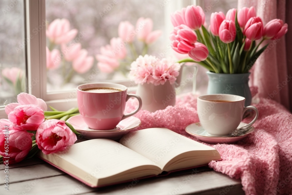 Cup of tea, book and tulips on window sill at home, AI Generative.