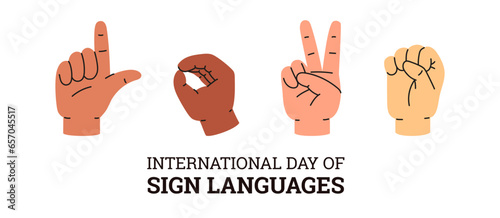 International day of sign languages, greeting poster or banner, flat vector illustration on white background.