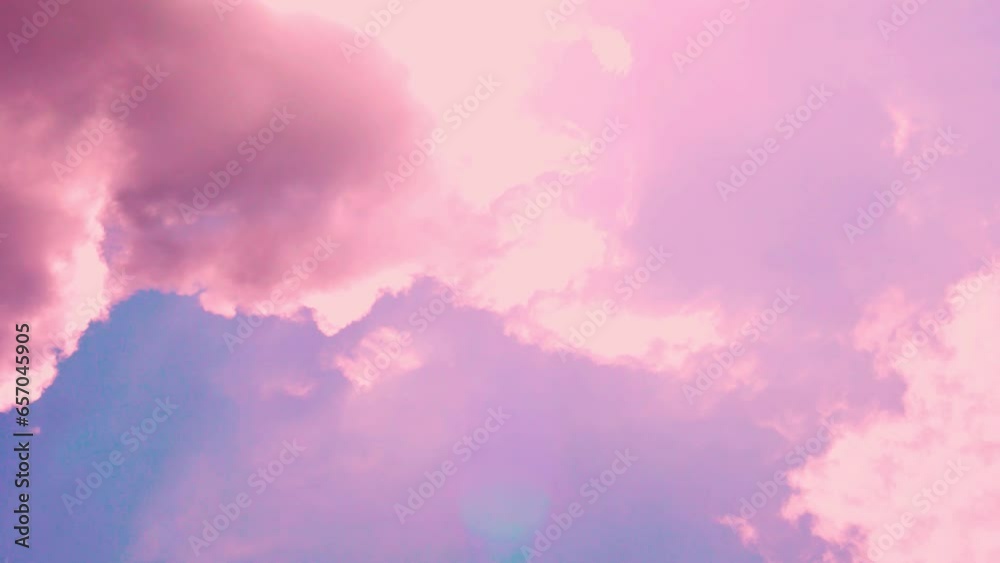 Blue Sky Coral Colorful Puffy Clouds and Sun Slow Motion Time Lapse. Sunset Evening Sky with Clouds and Sun, Atmosphere, Pink Orange Cloud and Blue Skyscraper Aerial View, Dawn Sky Clouds.