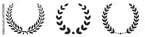 Set black silhouette circular laurel foliate, wheat and oak wreaths depicting an award, achievement, heraldry, nobility on white background. Emblem floral greek branch flat style - stock vector.